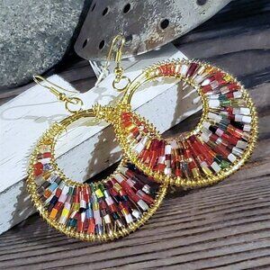Beaded Red Multi Tiny Glass Beads Gogo Gold Tone Hoop Earrings